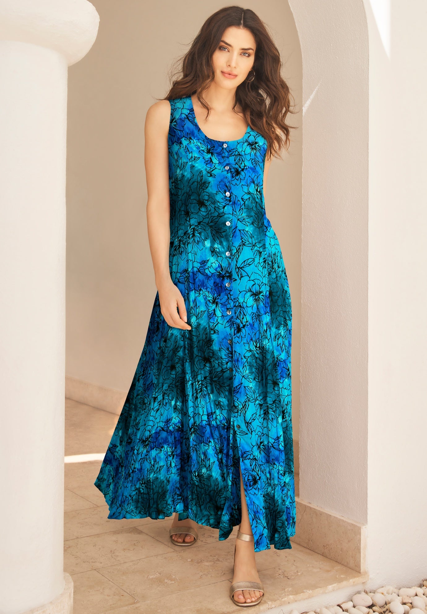 Plus Size Women's Plus Size Sleveless Hand-Crinkled Button-Front A-Line Maxi - Curvy Breezy Dress by Roaman's in Deep Turquoise Tie Dye Floral (Size