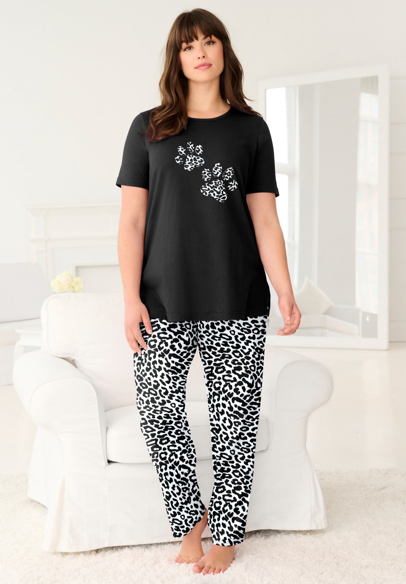 Plus Size Women's Graphic Tee PJ Set by Dreams & Co. in Black Animal Paw (Size 2X) Pajamas