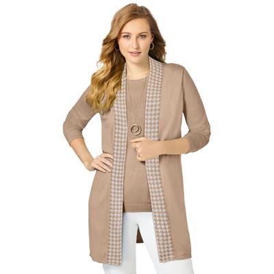 Plus Size Women's Fine Gauge Cardigan Topper by Jessica London in New Khaki Houndstooth (Size 22/24) Sweater
