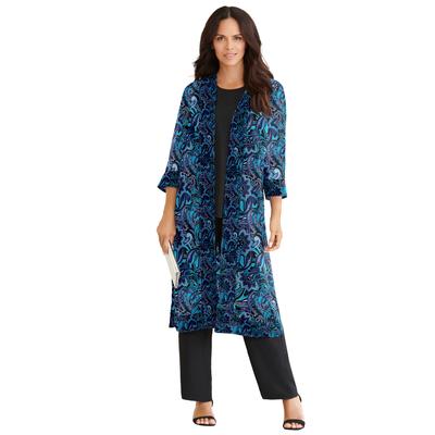 Plus Size Women's Three-Piece Duster & Pant Suit by Roaman's in Black Layered Paisley (Size 32 W) Formal Sheer Duster Pull On Wide Leg