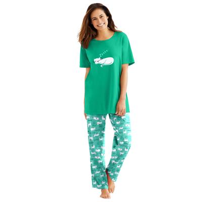 Plus Size Women's Graphic Tee PJ Set by Dreams & Co. in Tropical Emerald Cat (Size M) Pajamas