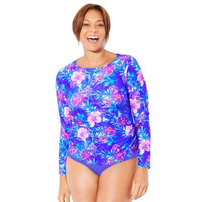 Plus Size Women's Chlorine Resistant Side-Tie Adjustable Long Sleeve Swim Tee by Swimsuits For All in Electric Purple Iris (Size 18)