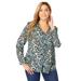 Plus Size Women's V-Neck Blouse by Jessica London in Olive Multi Feather (Size 22 W)