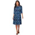 Plus Size Women's Ultrasmooth® Fabric Boatneck Swing Dress by Roaman's in Blue Mirrored Medallion (Size 42/44) Stretch Jersey 3/4 Sleeve Dress