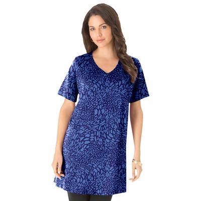Plus Size Women's Short-Sleeve V-Neck Ultimate Tunic by Roaman's in Navy Blue Animal (Size 4X) Long T-Shirt Tee