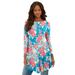 Plus Size Women's Boatneck Swing Ultra Femme Tunic by Roaman's in Turquoise Multi Bouquet (Size 30/32) Long Shirt