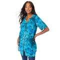 Plus Size Women's Short-Sleeve Angelina Tunic by Roaman's in Deep Turquoise Tie Dye Floral (Size 20 W) Long Button Front Shirt