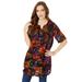 Plus Size Women's Short-Sleeve Angelina Tunic by Roaman's in Black Watercolor Paisley (Size 42 W) Long Button Front Shirt