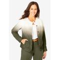 Plus Size Women's Collarless Denim Jacket by Jessica London in Dark Olive Green Ombre (Size 24 W) Button Front Stretch Jean Jacket