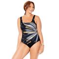 Plus Size Women's Chlorine Resistant Square Neck Tummy Control One Piece Swimsuit by Swimsuits For All in Black Gold Starburst (Size 20)