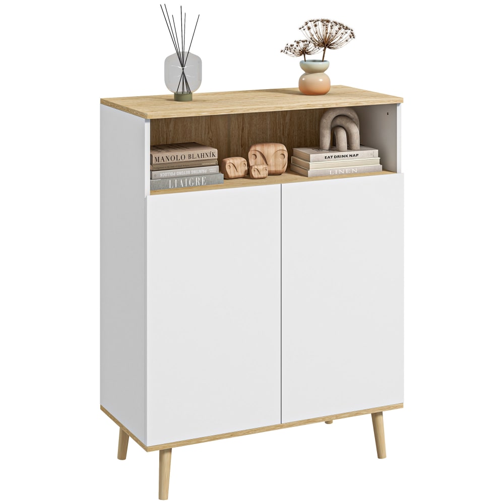 Buffet style scandinave 2 portes étagère niche blanc aspect bois clair