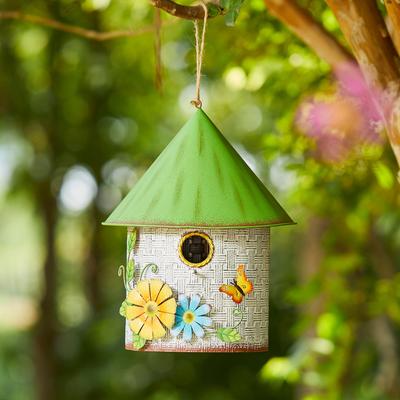 Glitzhome 11"H Spring Distressed Metal Cottage Birdhouse with 3D Flowers