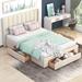 Queen Size Upholstered Platform Bed with 3 Drawer, Linen Fabric Upholstered Bed, Wooden Slats Support, No Box Spring Needed
