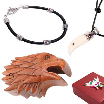 'Men's Eagle-Themed Puzzle Box Necklace and Bracelet Gift Set'