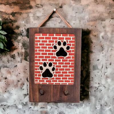 'Handcrafted Paw-Themed Teak Wood and Glass Mosaic Coat Rack'