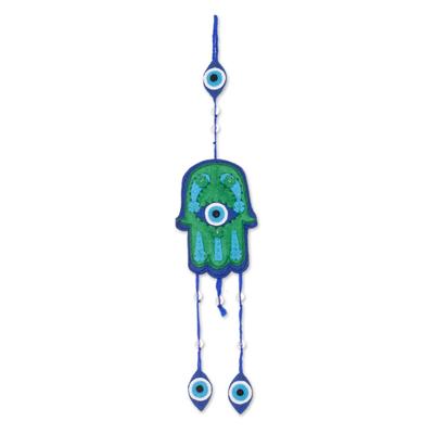 'Handcrafted Hamsa-Shaped Blue and Green Beaded Felt Mobile'