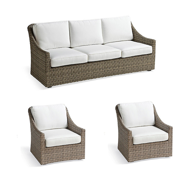Ashby 3-pc. Sofa Set with Two Lounge Chairs in Putty Wicker - Standard, Glacier with Canvas Piping - Frontgate