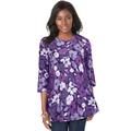 Plus Size Women's Stretch Knit Swing Tunic by Jessica London in Midnight Violet Layered Flowers (Size 14/16) Long Loose 3/4 Sleeve Shirt