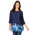 Plus Size Women's Stretch Knit Swing Tunic by Jessica London in Blue Flower Garden Border (Size 18/20) Long Loose 3/4 Sleeve Shirt