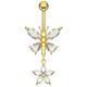 AZARIO LONDON 14K Solid Yellow Gold Cz Stone Butterfly with Dangling Flower Bar Belly Bar - 14K Navel Jewellery - 14 Gauge Belly Bar