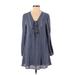 lost & wander Casual Dress - Mini Tie Neck Long sleeves: Blue Solid Dresses - Women's Size Small