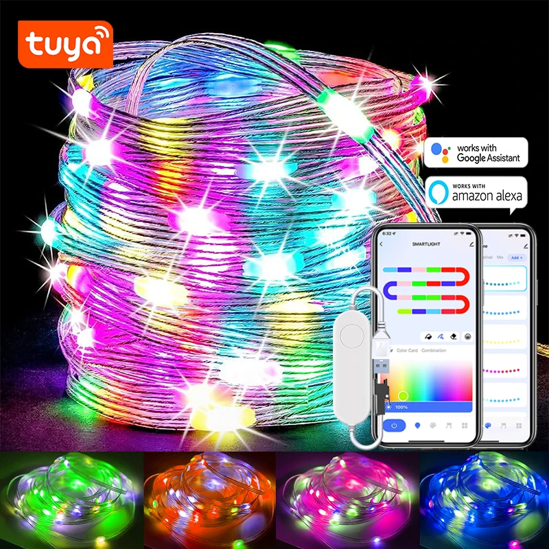 TUYA Lichterkette, RGBIC, Farbwechsel, 10 m, 100 LEDs, Lichterkette für drinnen und draußen, mehrfarbiges wasserdichtes Licht