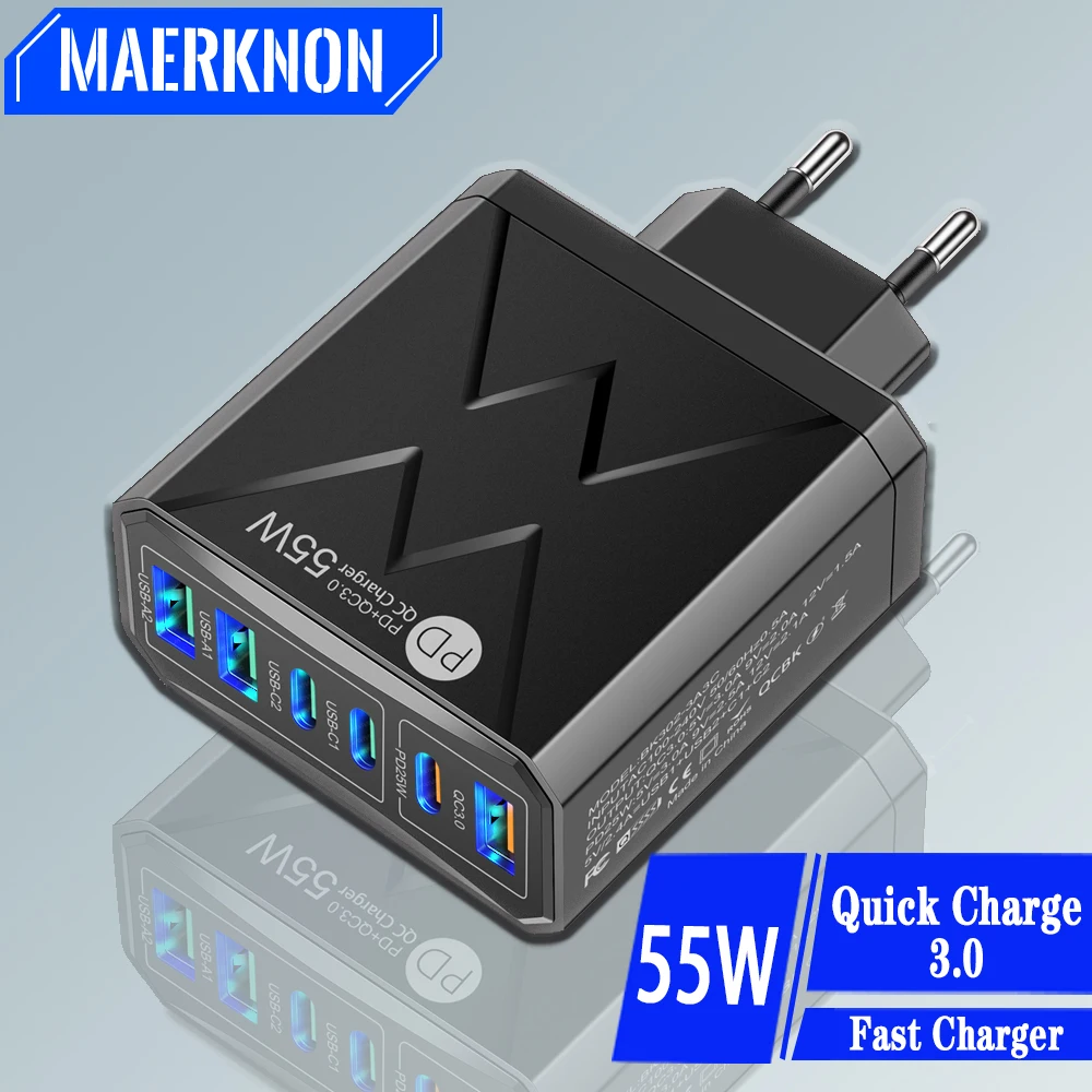6 Ports USB C Ladegerät 55W PD Schnell ladegerät Handy Ladegerät Schnell ladung für iPhone Xiaomi 13 Huawei Samsung EU/US/Kr Stecker Image