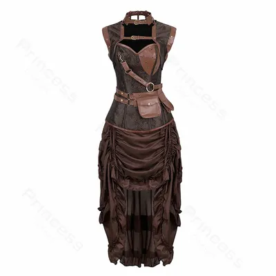 Piratenkostüm für Damen, Piratenkleid, Punk-Leder-Korsett-Oberteil mit Kordelzugrock, braunes Image