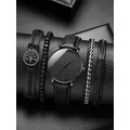 New Men Watch Luxury Bracelet Set Fashion Business Black Leather Quartz Wrist Watches For Men Gift