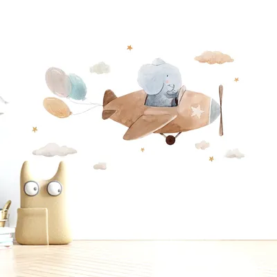 Niedlicher Elefant, fliegendes Flugzeug, abnehmbare Wandaufkleber für Kinderzimmer, Kindergarten, Image
