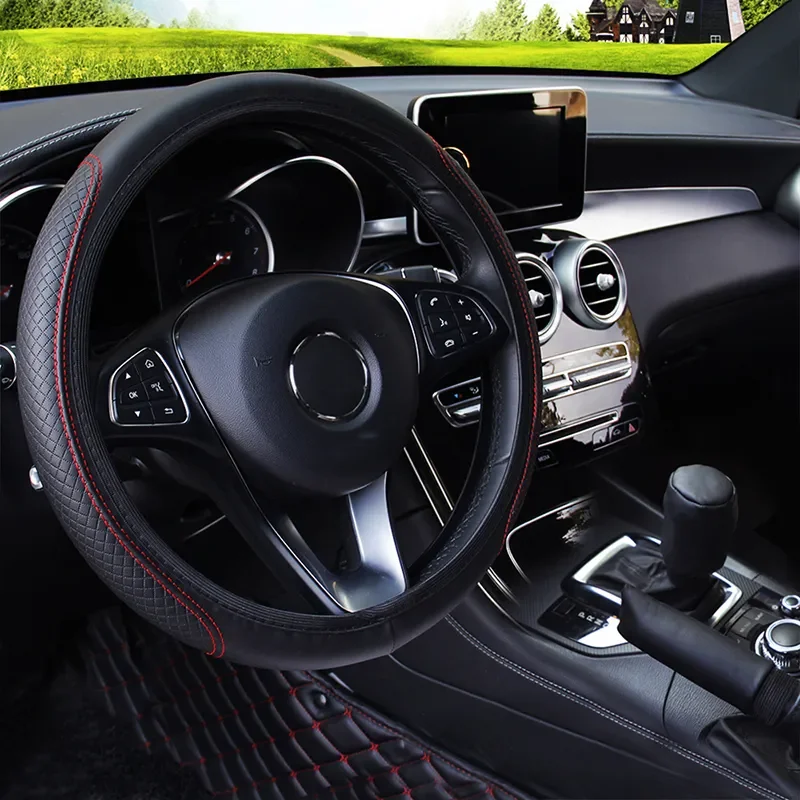 Auto-Lenkradbezug, Auto-Lenkradbezug, rutschfest, rutschfest, Prägung, Leder, Auto-Styling, Autozubehör, 37–39 cm Image