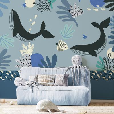 Papier peint panoramique enfant baleines bleu 150x250cm
