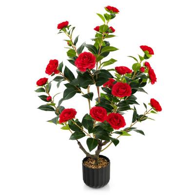 Costway 38 Inch Artificial Camellia Tree Faux Flower Plant in Cement Pot-Red