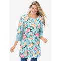 Plus Size Women's Crochet-Trim Three-Quarter Sleeve Tunic by Woman Within in Seamist Blue Watercolor Floral (Size 18/20)