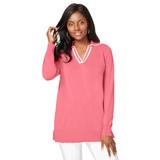 Plus Size Women's Fine Gauge Contrast Tipped Collar Sweater by Jessica London in Tea Rose White (Size S)