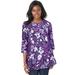 Plus Size Women's Stretch Knit Swing Tunic by Jessica London in Midnight Violet Layered Flowers (Size 12) Long Loose 3/4 Sleeve Shirt