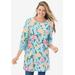 Plus Size Women's Crochet-Trim Three-Quarter Sleeve Tunic by Woman Within in Seamist Blue Watercolor Floral (Size 22/24)