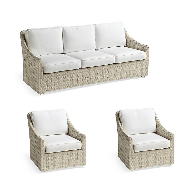 Ashby 3-pc. Sofa Set with Two Lounge Chairs in Shell Wicker - Standard, Dune with Canvas Piping - Frontgate