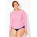 Plus Size Women's Chlorine Resistant Side-Tie Adjustable Long Sleeve Swim Tee by Swimsuits For All in Fire Coral Stripe (Size 10)