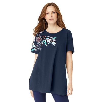 Plus Size Women's Embellished Tunic with Side Slits by Roaman's in Navy Butterfly Embroidery (Size 18/20) Long Shirt
