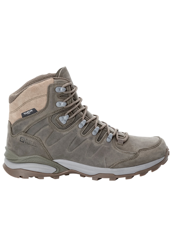 Trekkingschuh JACK WOLFSKIN "REFUGIO PRIME TEXAPORE MID M", Herren, Gr. UK85-EU425, Normalschaft, braun (cold, coffee), Hauptmaterial: Leather; ;Second Material: Synthetic; Futter: Texapore Ecosphere Pro ;Sole: Rubber / EVA; 100% Rubber/ EVA, Schuhe...
