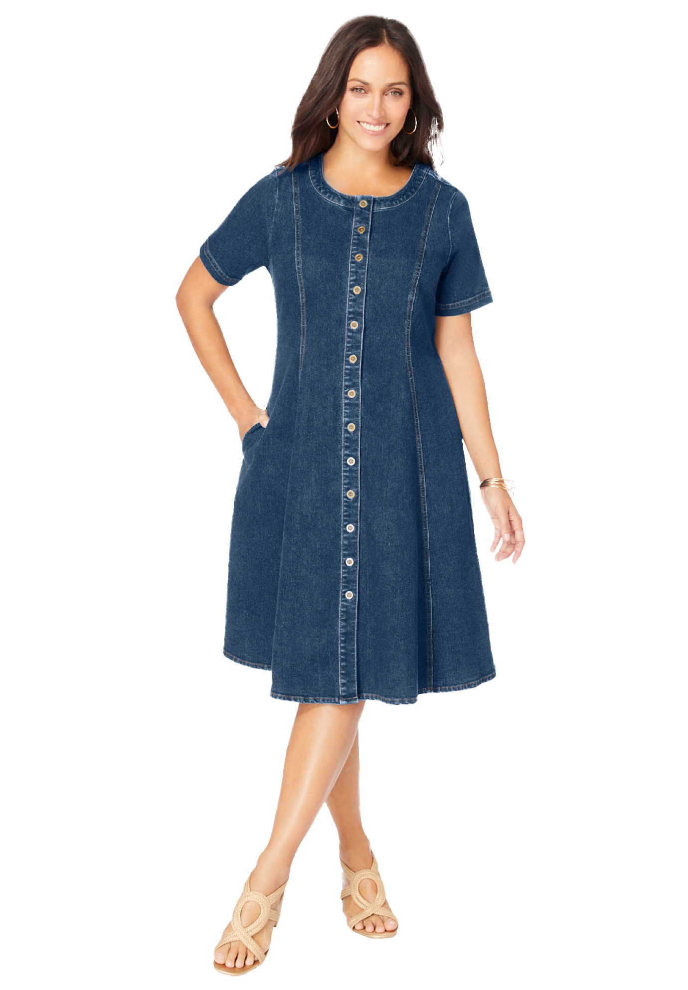 Plus Size Women's Button Front Denim Dress by Jessica London in Medium Stonewash (Size 20 W)