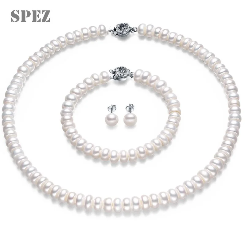 Set di perle naturali Set di gioielli di perle d'acqua dolce 8-9mm orecchini in argento 925 bracciale con collana di diamanti per regalo di nozze da donna
