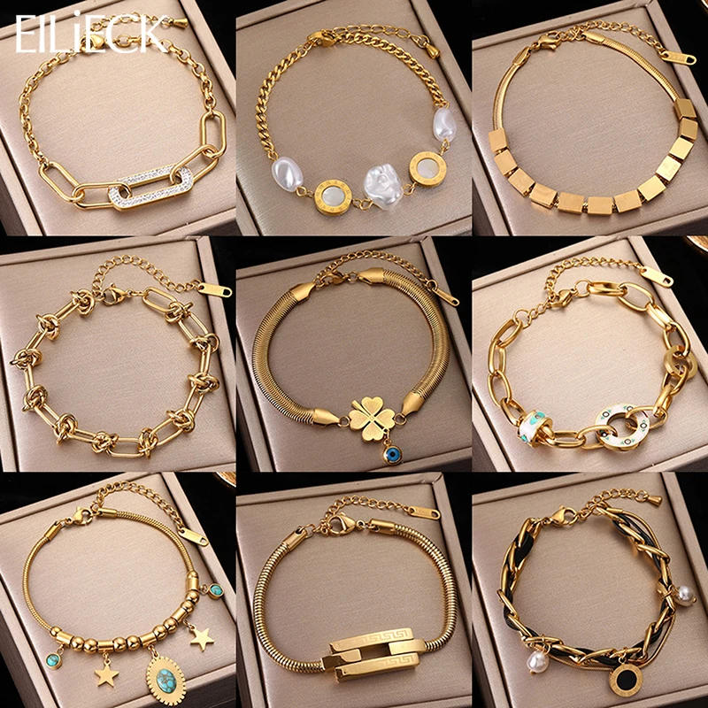 EILIECK 316L Edelstahl Gold Farbe Römischen Ziffern Anhänger Kette Armband Für Frauen Vintage Rostfrei Handgelenk Schmuck Geschenke