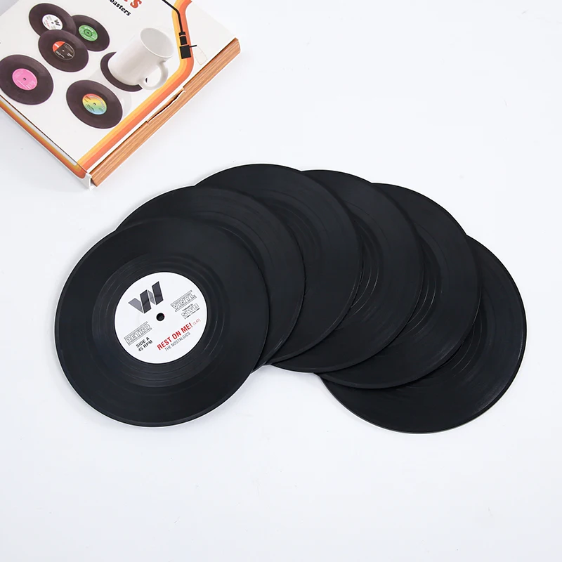 Topfinel vinyl record tischmatten 6 stücke trinken untersetzer tisch tischs ets hitze beständige rutsch feste pads wohnkultur kreative tassen untersetzer Image