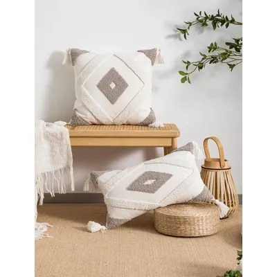 1 Stück beige geometrischer rautenförmiger Kissenbezug aus böhmischem Baumwoll-Segelstoff mit Schlaufensamt-Technologie für Sofa, Schlafzimmer Image