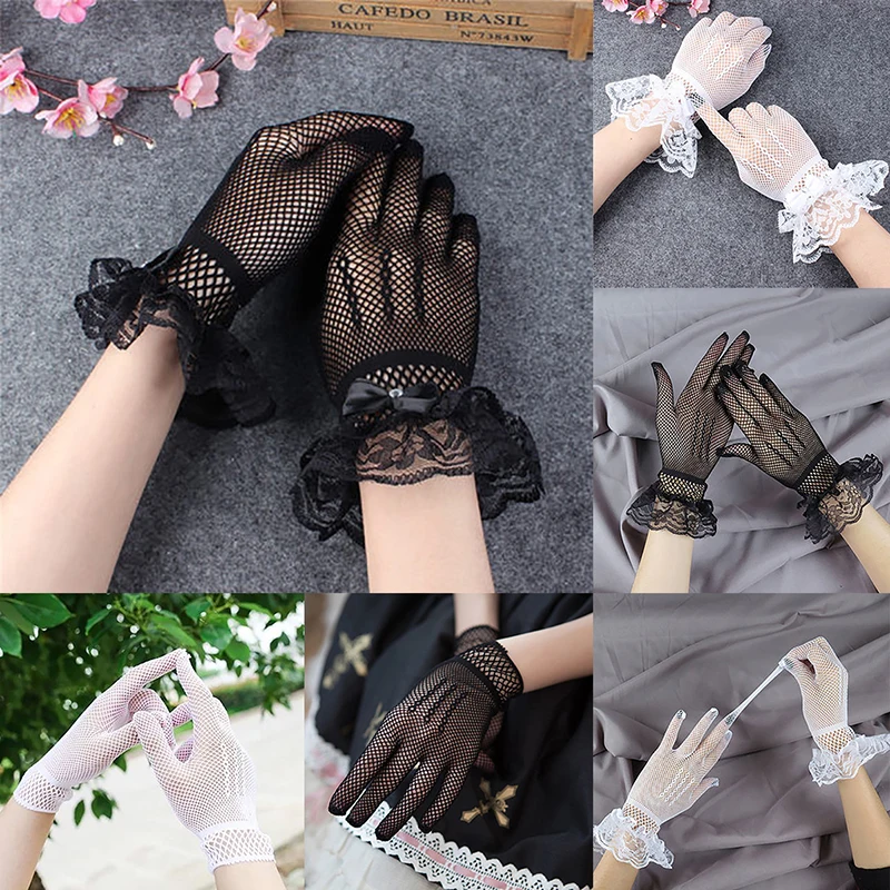 Frauen Vintage schiere kurze Spitze Handschuhe Braut Hochzeit Handschuhe Derby Tee Party Handgelenk Länge Blumen handschuhe für Abendessen Phantasie Kostüm a Image