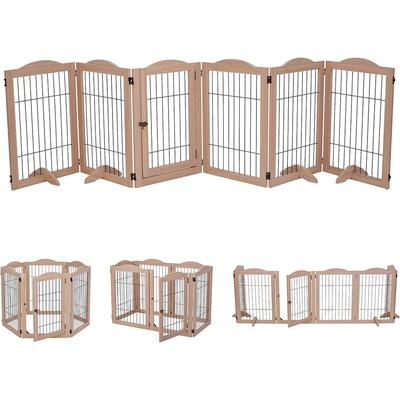 Arf Pets Freestanding Dog Gate with Door, 6 Panel Wooden Pet Gate 360° Configurable (Walnut)