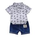 mveomtd Toddler Kids Baby Boy Short Sleeve Pattern Shirt Tops+ Denim Pants Set Three Piece Baby Boy Outfits Baby Boy Jacket