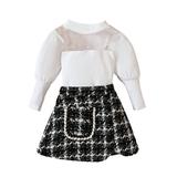Qtinghua Toddler Baby Girls Fall Outfits Mesh Long Sleeve Shirt Tops and Elastic Plaids A-Line Skirt Clothes Black 18-24 Months